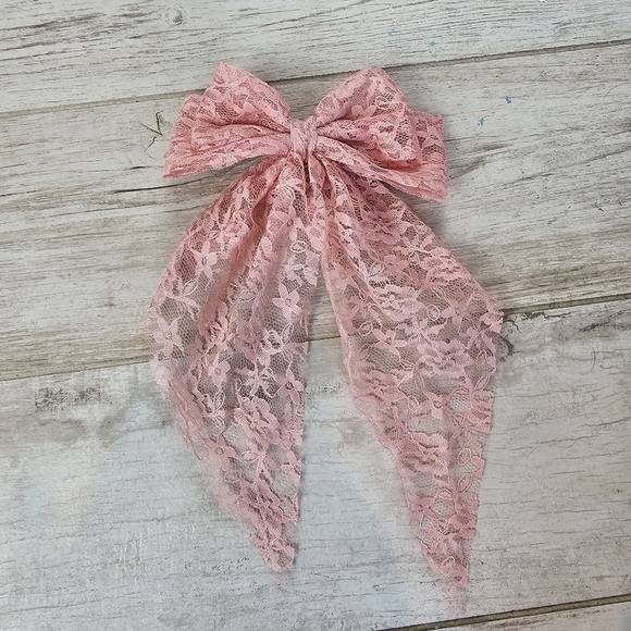 Pink Lace Hair Bow Barrette Accessory - Picture 6 of 9
